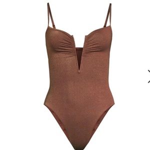 L*SPACE Roxanne Bitsy One-Piece Swimsuit in Cafe Shimmer Brown Bathing Suit